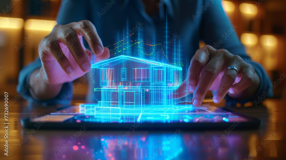 person interacting with a digital tablet that is projecting a holographic image of a blue house person interacting with a digital tablet that is projecting a holographic image of a blue house