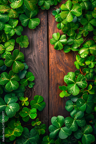 There are trefoil leaves on a green background, the Irish symbol of the celebration of St. Patrick's Day is a happy four-leafed tree. Vertical.