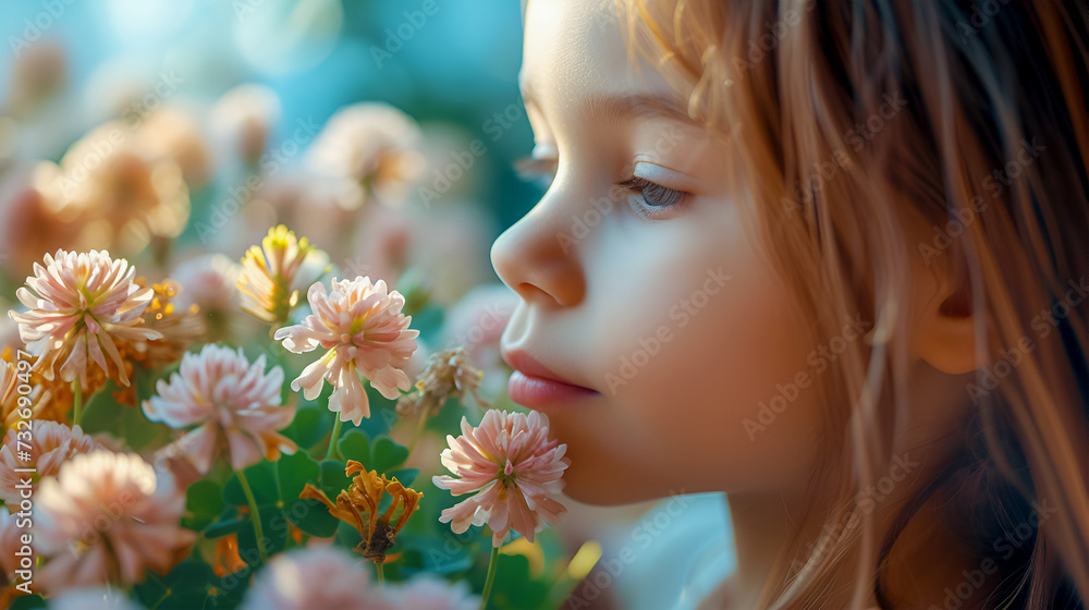 A pretty little girl holds a bouquet of blooming clover in her hands, celebrating the traditions of celebrating St. Patrick's Day. A pretty little girl holds a bouquet of blooming clover in her hands, celebrating the traditions of celebrating St. Patrick's Day.
