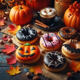 Assortmen of Halloween donuts and autumn leaves