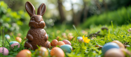 A chocolate bunny surrounded by colorful eggs in the grass, symbolizing Easter celebration with a festive and spring vibe. Ai generative photo