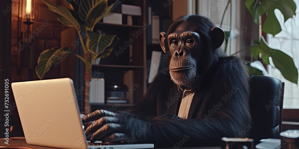 Chimp wearing a suit working on a laptop computer in an office cubicle