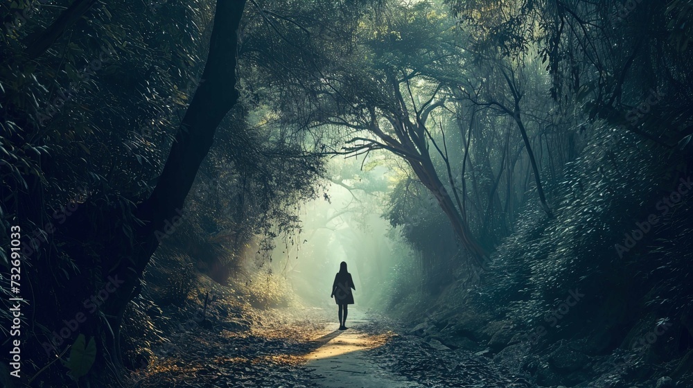 A solitary figure walks away down a forest path dappled with sunlight ...