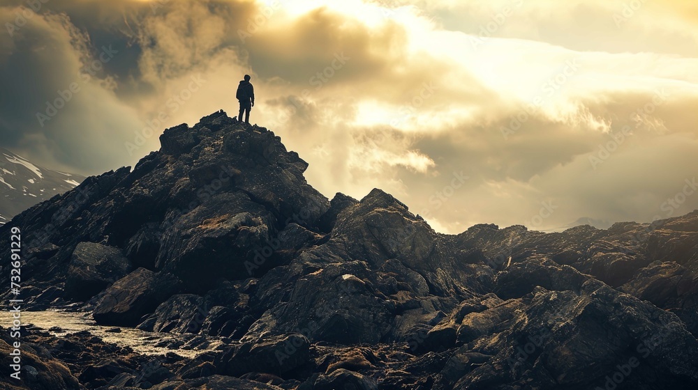 A lone person stands atop a rocky mountain peak. The individual is silhouetted against a dramatic sky filled with golden sunlight piercing through clouds. The rocky terrain is rugged and uneven, with 