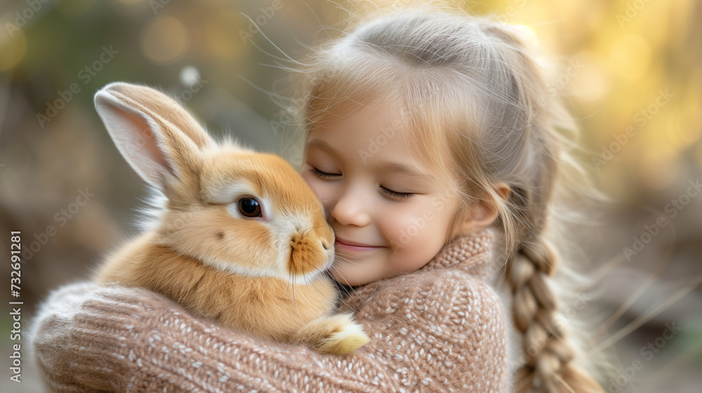 A child is gently holding and embracing a bunny, both appearing content and peaceful against a blurred natural background. Ai generative A child is gently holding and embracing a bunny, both appearing content and peaceful against a blurred natural background. Ai generative