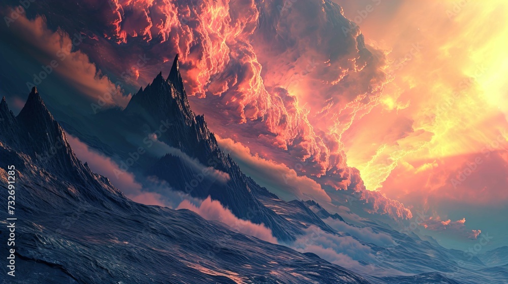A dramatic and surreal landscape displaying jagged mountain peaks with a fiery and vibrant sky above them. The sky is a mixture of intense oranges, reds, and yellows, resembling flames and molten lava