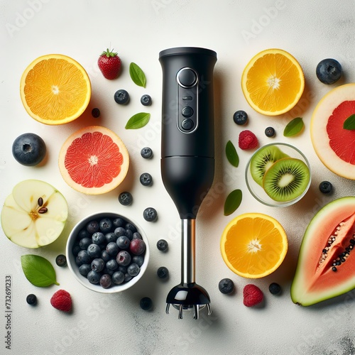 Black electric hand blender and accessories with sliced fruits on a white background. Top view, flat lay