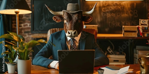Bull wearing a suit working on a laptop computer in an office cubicle