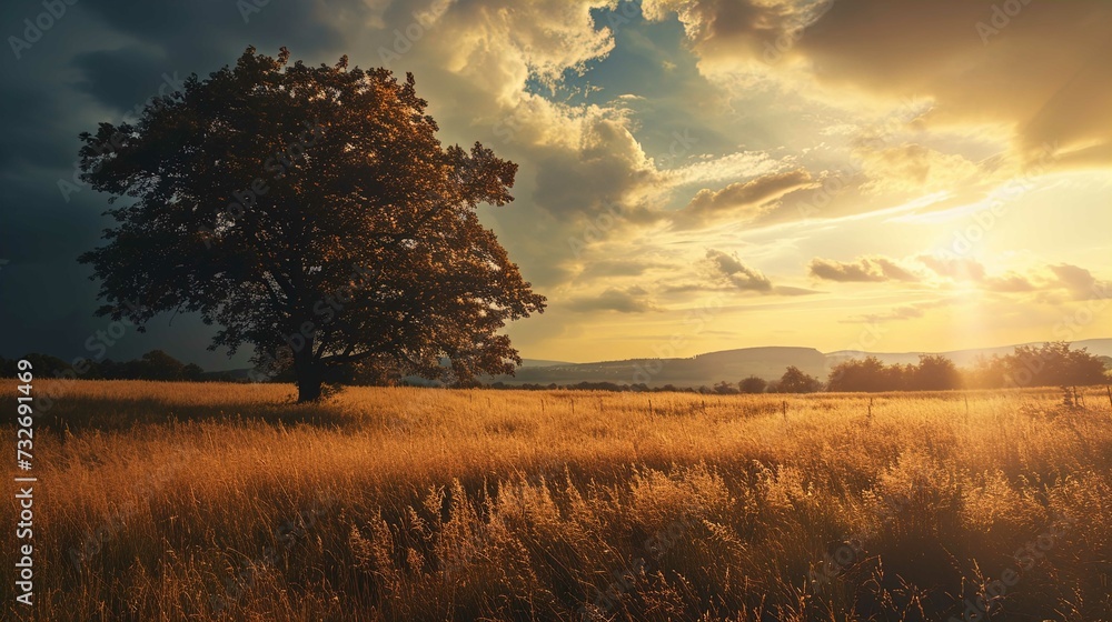 A solitary tree stands in the middle of a golden field illuminated by the warm light of a setting sun. The sky is adorned with scattered clouds, partially obscuring the sun, yet allowing its rays to s