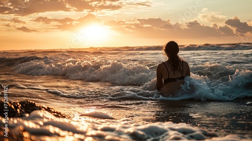 A person with long hair is seen from behind, sitting in the surf on a beach at sunset. They are wearing a dark swimsuit and are partially submerged in the foamy, white-tipped waves of the ocean. The g