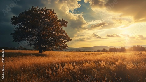 A solitary tree stands in the middle of a golden field illuminated by the warm light of a setting sun. The sky is adorned with scattered clouds, partially obscuring the sun, yet allowing its rays to s