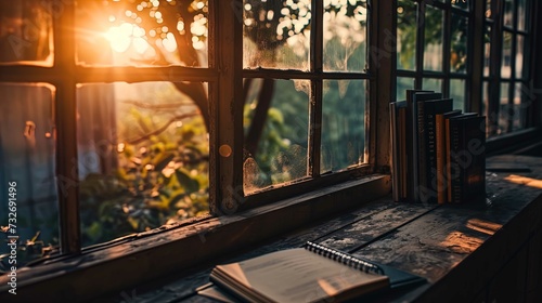 The photograph captures a rustic and serene indoor scene featuring a wooden window sill at sunset. The window is open, revealing multiple glass panes that are slightly weathered with traces of condens photo