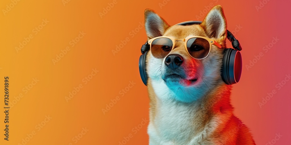 Shiba Inu dog (doge) wearing sunglasses and headphones on colorful background for summer music and podcasting concept - obrazy, fototapety, plakaty 