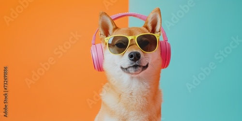Shiba Inu dog (doge) wearing sunglasses and headphones on colorful background for summer music and podcasting concept © Brian