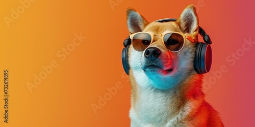 Shiba Inu dog (doge) wearing sunglasses and headphones on colorful background for summer music and podcasting concept photo