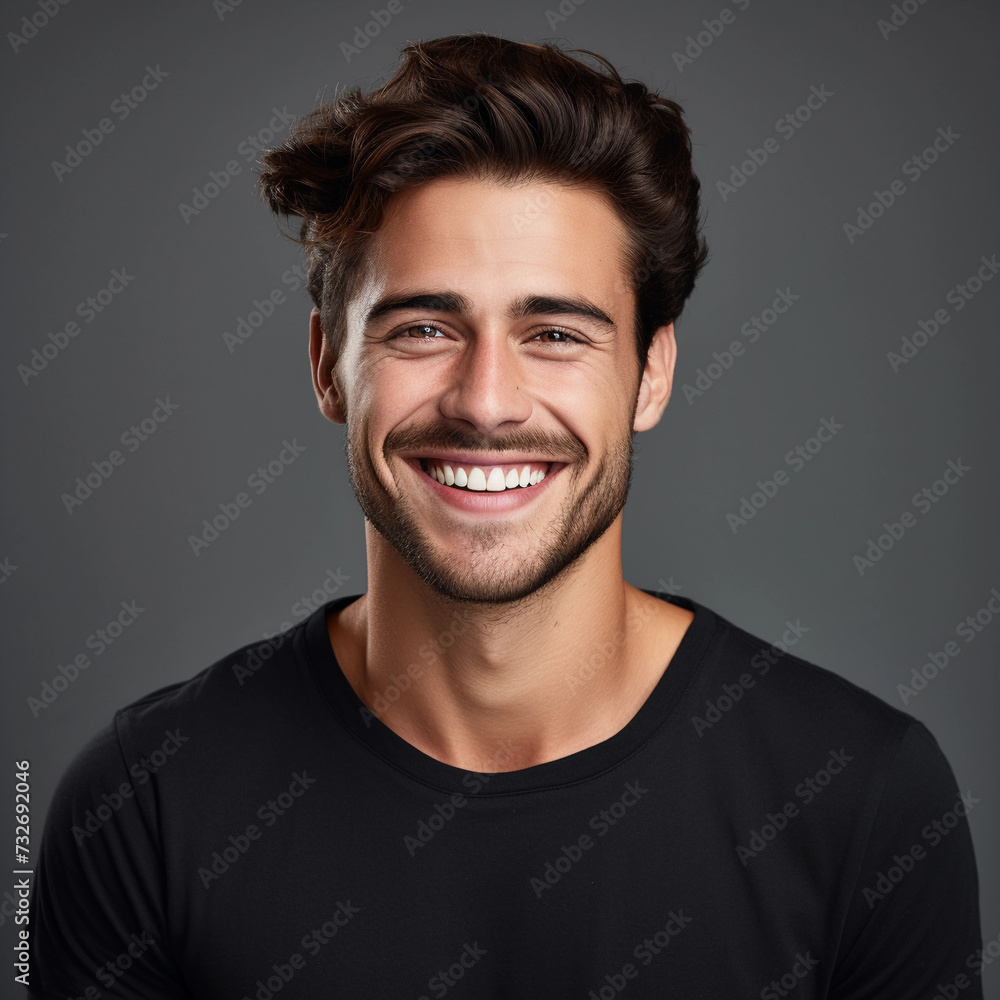 Fototapeta premium Young man with beautiful smile on grey background. Teeth whitening Job ID: cbc875be-60f7-4e85-8869-d76c0cfdab37