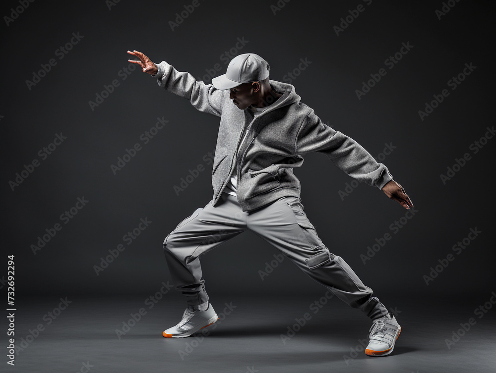 Young male hip hop dancer dancing in front of grey wall in grey clothes 
