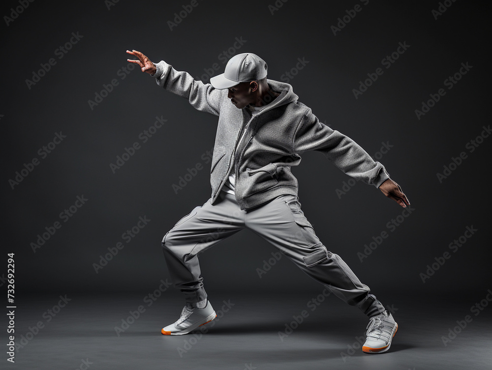 Young male hip hop dancer dancing in front of grey wall in grey clothes Young male hip hop dancer dancing in front of grey wall in grey clothes