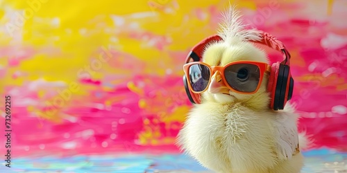 baby chick bird wearing sunglasses and headphones on colorful background for summer music and podcasting concept photo