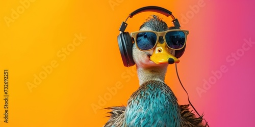 duck wearing sunglasses and headphones on colorful background for summer music and podcasting concept photo