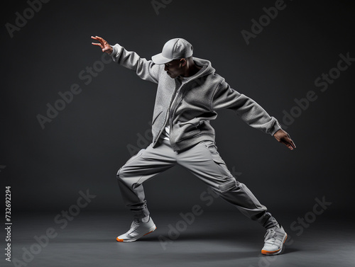 Young male hip hop dancer dancing in front of grey wall in grey clothes 
