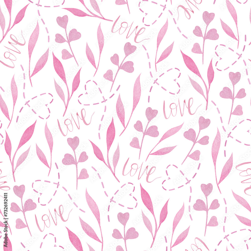 Watercolor seamless pattern with hearts, pink leaves and word love. Print on the theme of Valentine's day. Watercolor seamless pattern with hearts, pink leaves and word love. Print on the theme of Valentine's day.