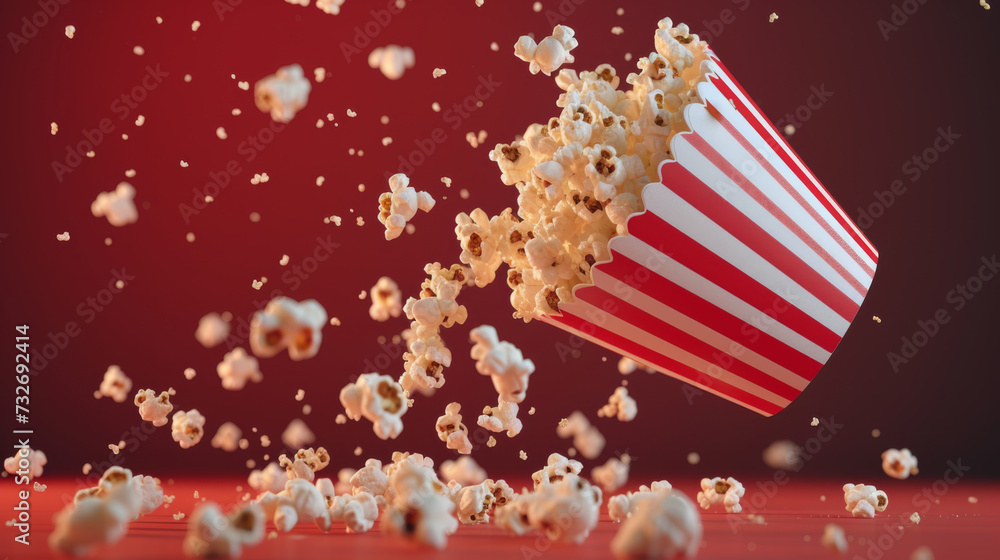 popcorn is captured in mid-air spilling out from a classic red and white striped popcorn box against a red background.