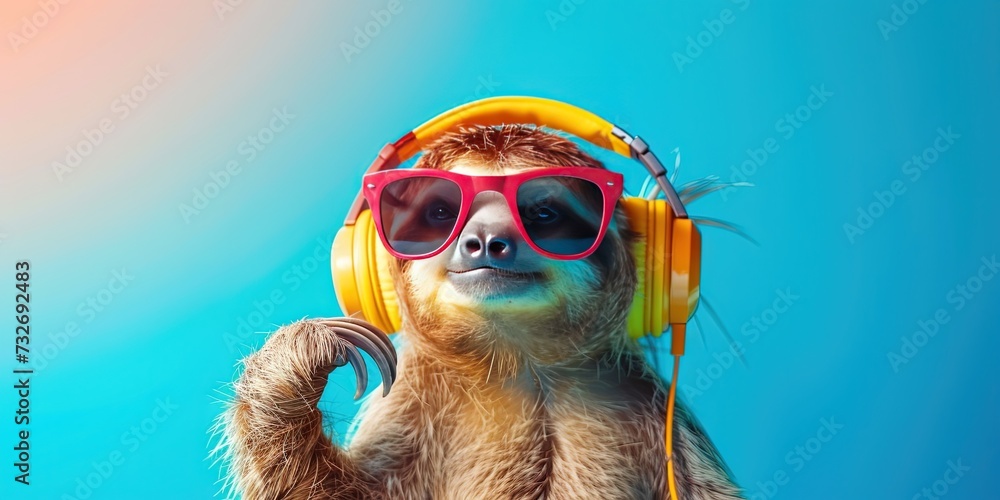 Fototapeta premium Sloth wearing sunglasses and headphones on colorful background for summer music and podcasting concept