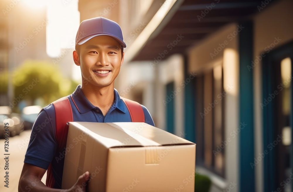 Smiling asian delivery man in blue cap holding a cardboard box on city street background Smiling asian delivery man in blue cap holding a cardboard box on city street background