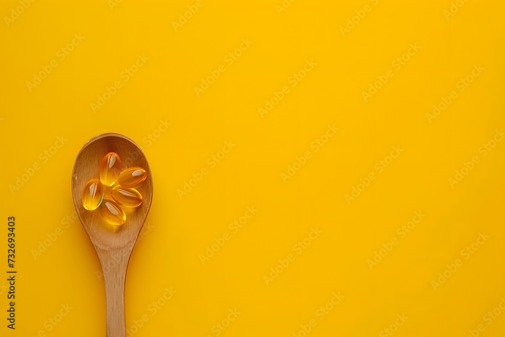 Cod liver oil omega 3 gel capsules on wooden spoon on yellow background. Copy space, top view Cod liver oil omega 3 gel capsules on wooden spoon on yellow background. Copy space, top view