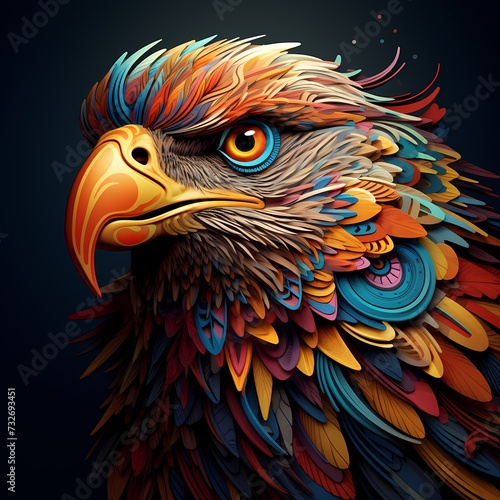A majestic bird face logo with intricate details and vibrant colors