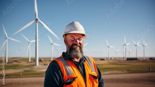 Close-up of a happy Professional technician for installation and maintenance of wind energy systems, wearing a uniform and helmet, against the background of wind turbines and the sky. © liliyabatyrova