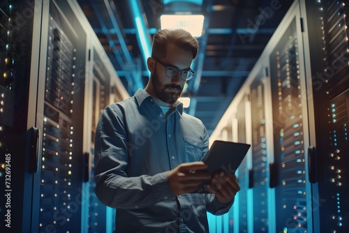 Portrait of IT Specialist Uses tablet in Data Center. Server Farm Cloud Computing Facility with Male Maintenance Administrator Working. Cyber ​​Security and Network Protection. 