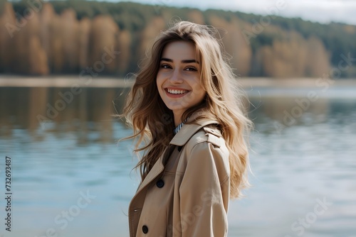 Portrait of a smiling young woman in beige trench coat standing at the lake and looking away
