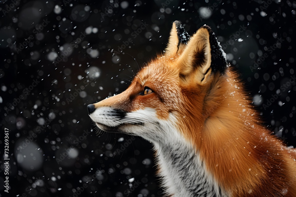 Portrait of a fox on a black background with falling snow. Portrait of a fox on a black background with falling snow.