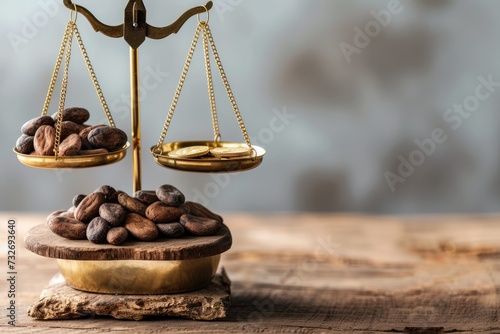 scales, cocoa beans on one bowl, gold coins on the other