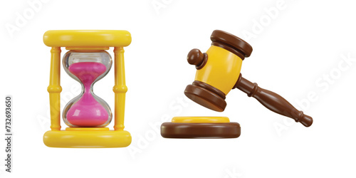 3d judge gavel icon and hourglass icon 3d illustration set