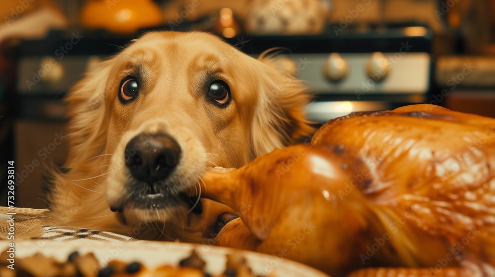 Funny photograph of a cute golden retriever stealing food stealthily