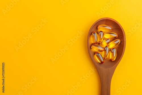 Cod liver oil omega 3 gel capsules on wooden spoon on yellow background. Copy space, top view