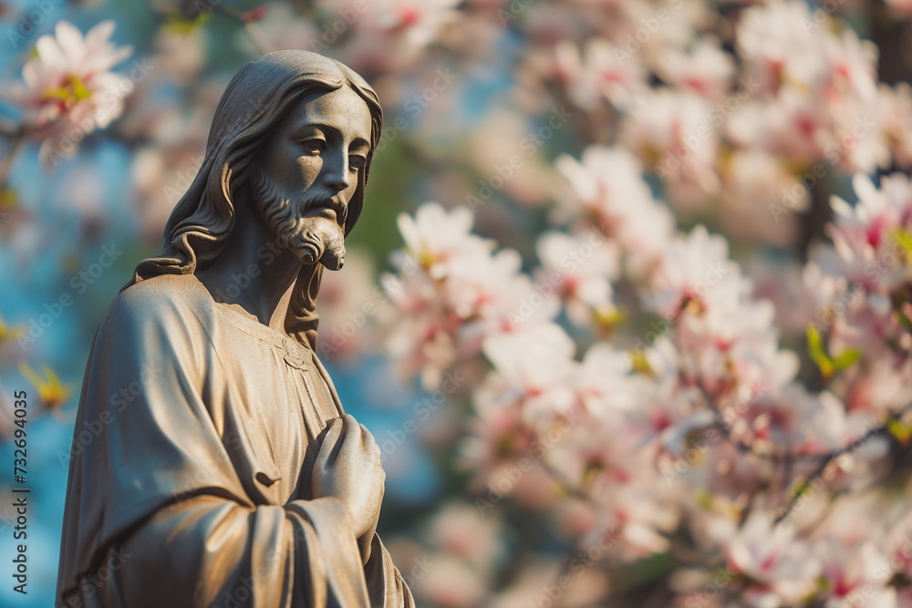 A statue of Jesus Christ in a blooming spring garden on a sunny day. Banner with space for text A statue of Jesus Christ in a blooming spring garden on a sunny day. Banner with space for text