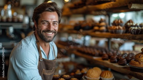 Cheerful Baker in a Pastry Shop