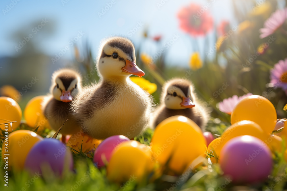 Spring flowers background. Happy Easter ducklings and eggs Spring flowers background. Happy Easter ducklings and eggs