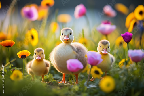 Spring flowers background. Happy Easter ducklings and eggs