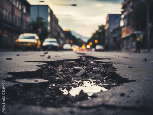 close up photo, street level photo, street with potholes. Damaged asphalt pavement road with potholes in a city