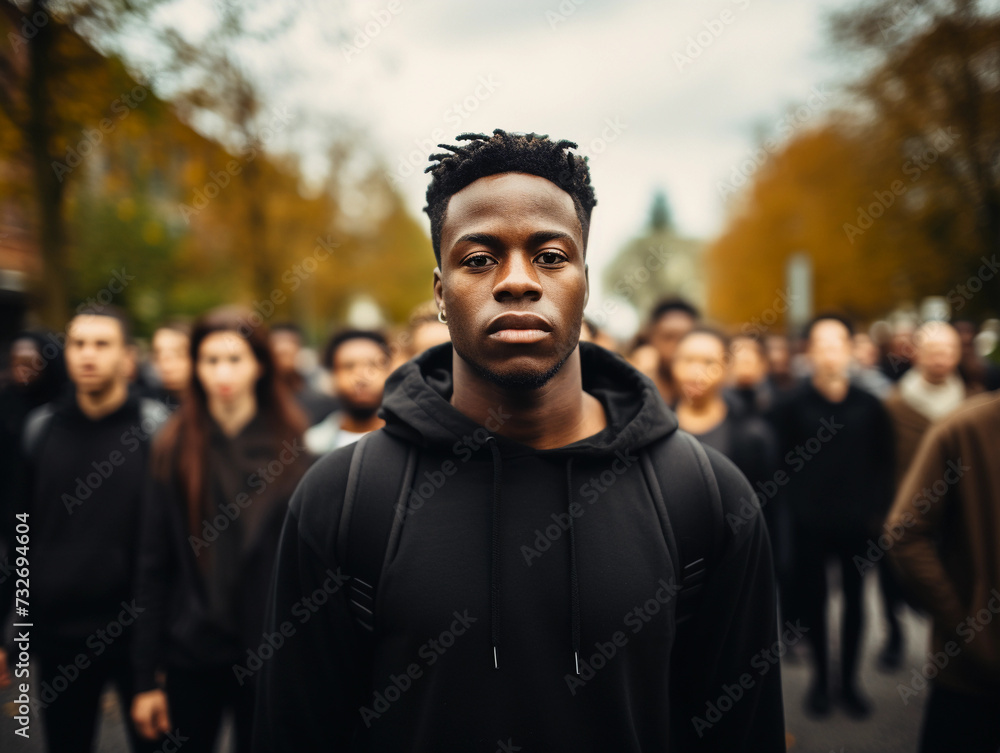 Serious black male activist protesting outdoors with group of demonstrators in the background. Serious black male activist protesting outdoors with group of demonstrators in the background.