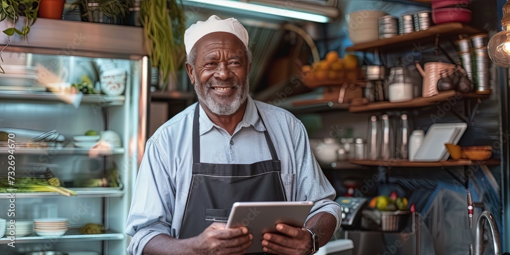 older black man using tablet in the kitchen. Restaurant and home cooking concept older black man using tablet in the kitchen. Restaurant and home cooking concept