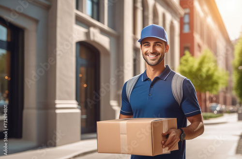 Smiling caucasian delivery man in blue cap holding a cardboard box on city street background