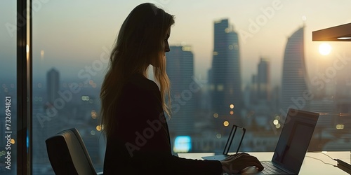 Woman business executive working on laptop computer in a modern office