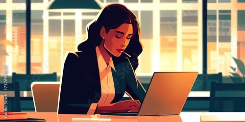 Indian Woman business executive working on laptop computer in a modern office at golden hour