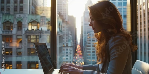 Woman business executive working on laptop computer in a modern office at dawn